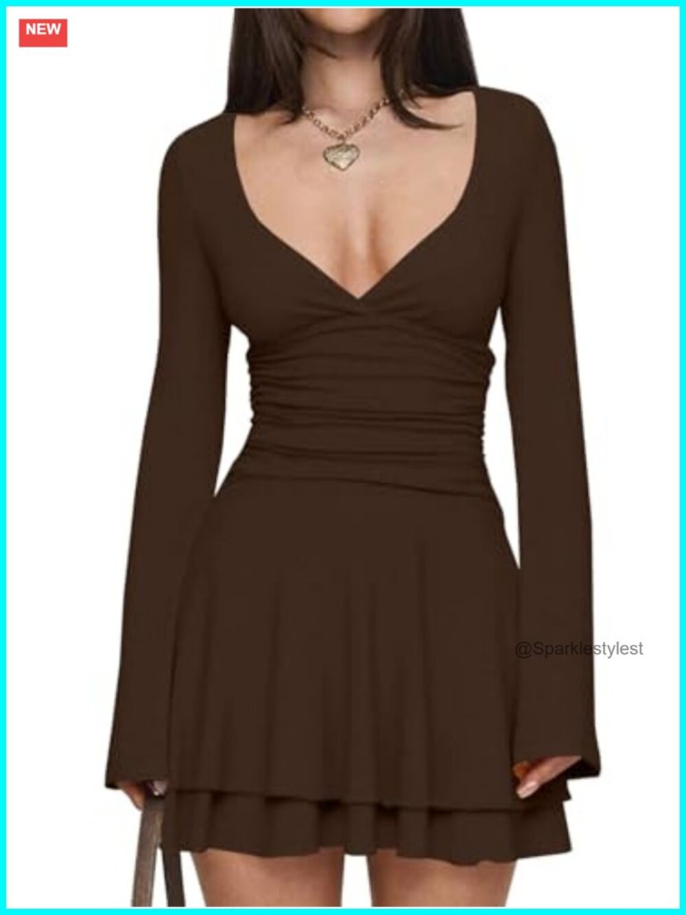 Sexy V Neck Ruffle Hem Mini Dress Long Sleeve Ruched Waist Party Dress